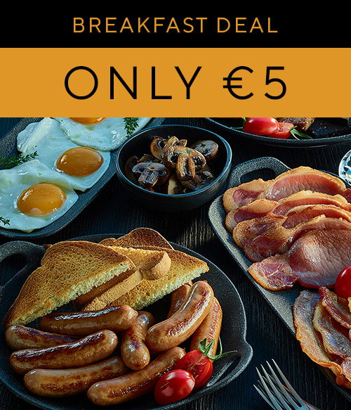 A delicious breakfast deal featuring eggs, sausages, bacon, priced at &euro;5.