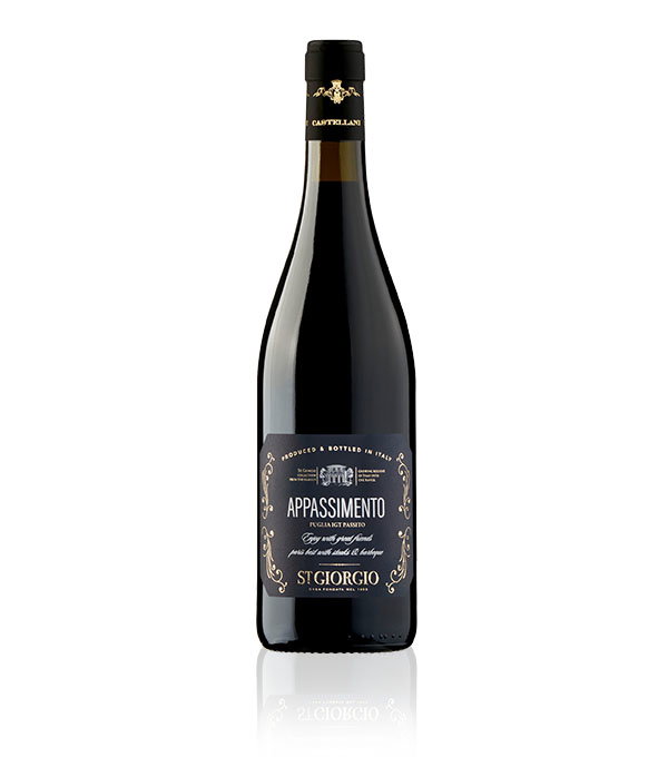 A tall, dark wine bottle labeled Appassimento St. Giorgio with elegant gold and white details, set against a plain white background.