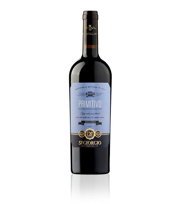 A tall bottle of St. Giorgio Primitivo red wine with a sleek black body and a blue label featuring text. The label conveys elegance and richness.