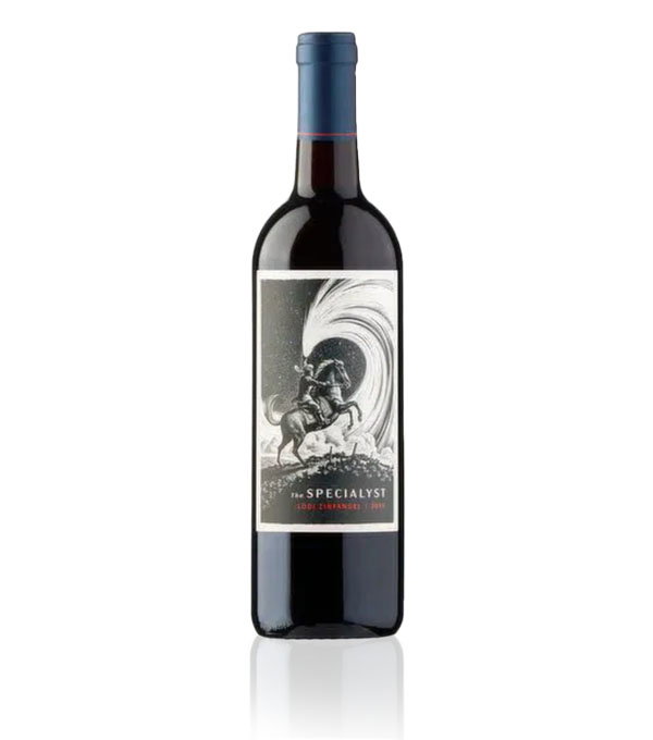 Bottle of red wine labeled The Specialyst featuring an intricate black-and-white illustration of a horse and rider against a dramatic swirling background.
