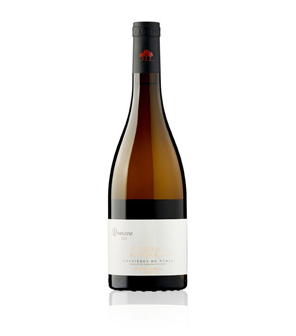 A tall wine bottle with a dark brown neck and a pale label occupies a white background. The design is minimalistic, conveying elegance and sophistication.
