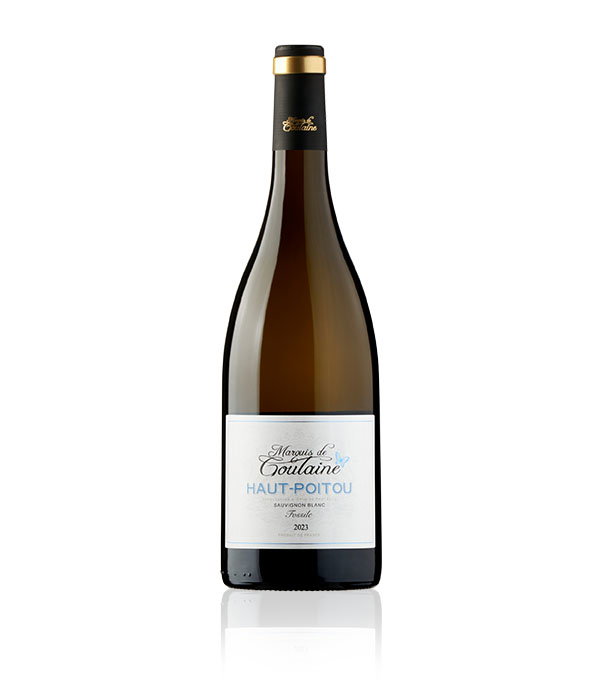 A glass bottle of Marquis de Tuilane Haut-Poitou Sauvignon Blanc wine with a black and gold cap, featuring a light, elegant label on a white background.