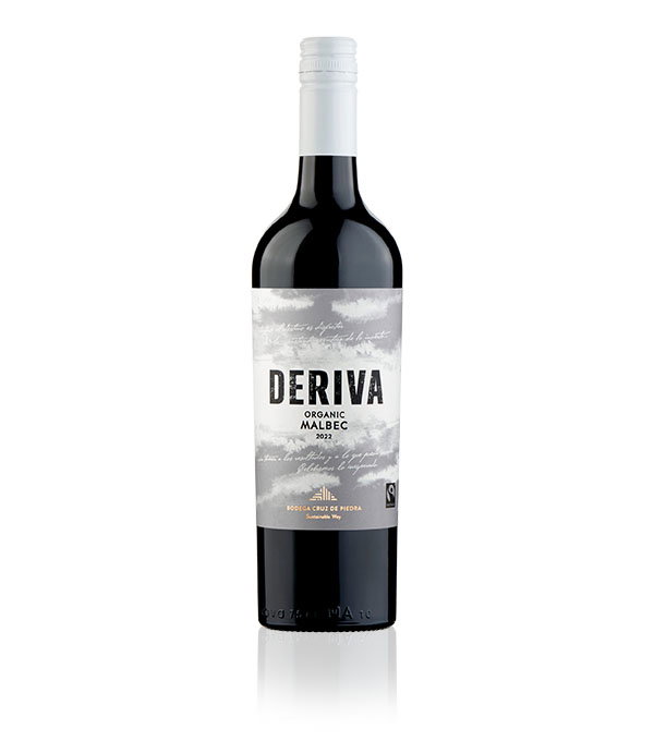 A bottle of Deriva Organic Malbec 2022 wine with a white and grey label featuring cloud imagery. The design suggests sophistication and nature.
