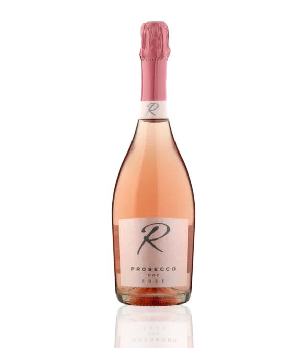 Bottle of Prosecco Ros&eacute; with a pink foil top, curved clear glass, and a label featuring a stylised 'R.' Elegant and celebratory tone.