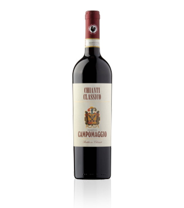 A bottle of Chianti Classico Campomaggio wine with a deep red label and gold crest. The elegant bottle conveys a sense of luxury and tradition.