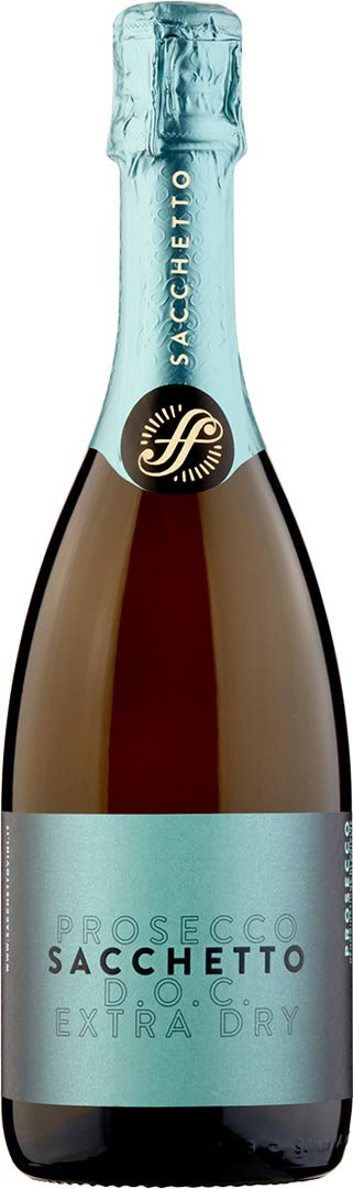 A bottle of Sacchetto Prosecco Extra Dry, featuring a sleek design with a turquoise foil-wrapped neck and matching label, invoking elegance and celebration.