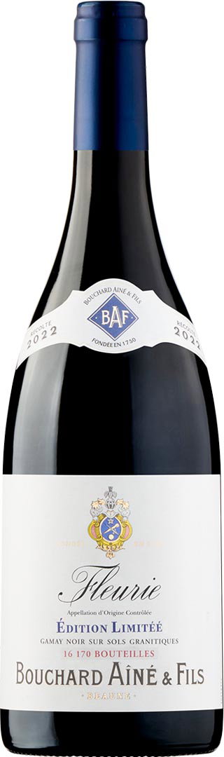 A bottle of Bouchard A&icirc;n&eacute; & Fils Fleurie wine with a navy foil cap. The label is white with a crest and elegant typography, conveying luxury.