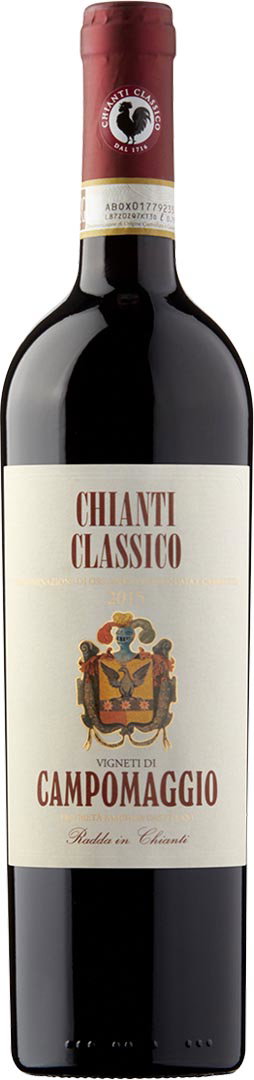 A bottle of Chianti Classico Campomaggio wine with a deep red label and gold crest. The elegant bottle conveys a sense of luxury and tradition.