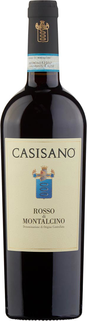 A bottle of Casisano Rosso di Montalcino wine with a dark glass body, a cream-coloured label, and a black cap, conveying elegance and sophistication.
