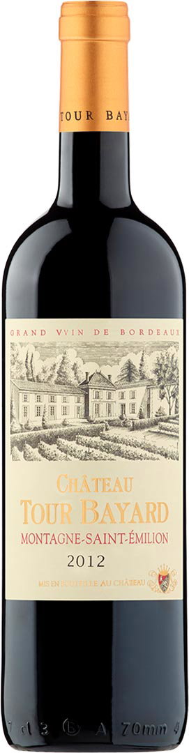 A bottle of Ch&acirc;teau Tour Bayard red wine. The label features an illustration of a vineyard and chateau, with vintage year 2012 prominently displayed.
