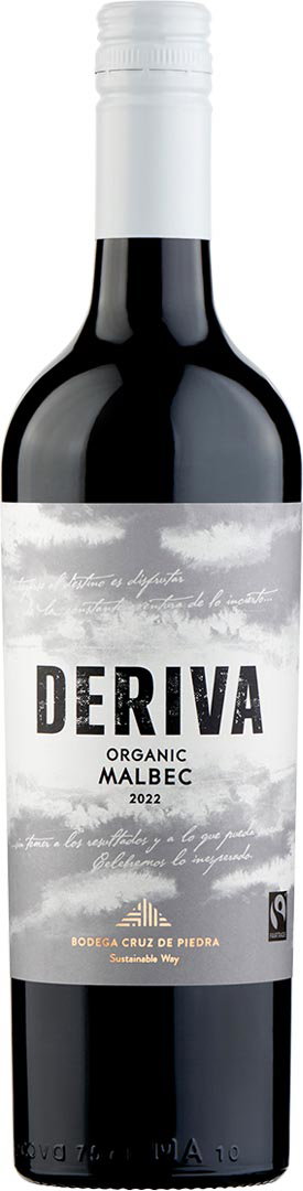 A bottle of Deriva Organic Malbec 2022 wine with a white and grey label featuring cloud imagery. The design suggests sophistication and nature.