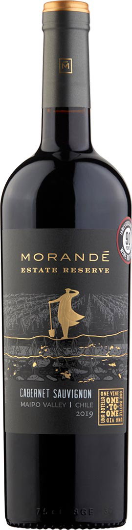A bottle of Morand&eacute; Estate Reserve Cabernet Sauvignon stands upright, featuring a dark label with gold accents and an elegant, refined design.