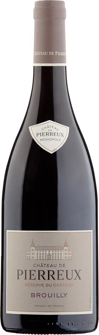 A bottle of Ch&acirc;teau de Pierreux Brouilly wine stands against a white background. The label features an elegant building, evoking a sense of tradition.