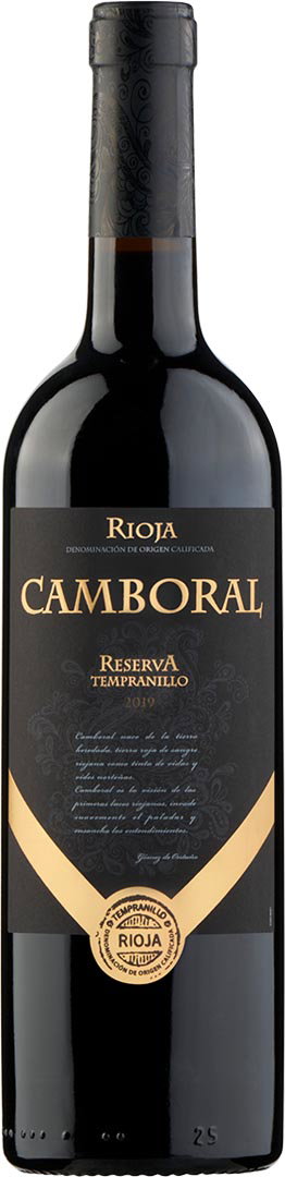 A dark wine bottle labeled Camboral Reserva Tempranillo with gold accents stands upright. The design conveys elegance and premium quality.