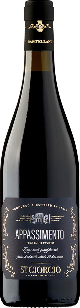 A tall, dark wine bottle labeled Appassimento St. Giorgio with elegant gold and white details, set against a plain white background.