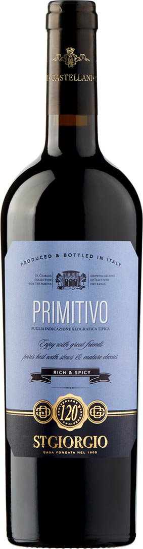 A tall bottle of St. Giorgio Primitivo red wine with a sleek black body and a blue label featuring text. The label conveys elegance and richness.