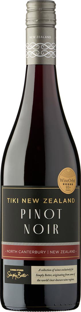 A bottle of Tiki New Zealand Pinot Noir wine from North Canterbury, with a sleek label and gold awards sticker, conveying elegance and quality.