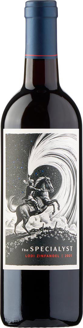 Bottle of red wine labeled The Specialyst featuring an intricate black-and-white illustration of a horse and rider against a dramatic swirling background.