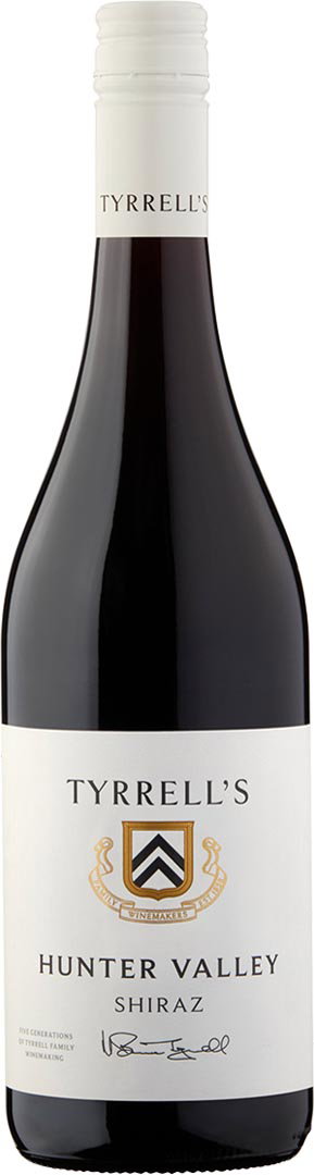 A bottle of Tyrrell's Hunter Valley Shiraz wine with a white label featuring gold accents and a crest. The wine is placed against a plain backdrop.