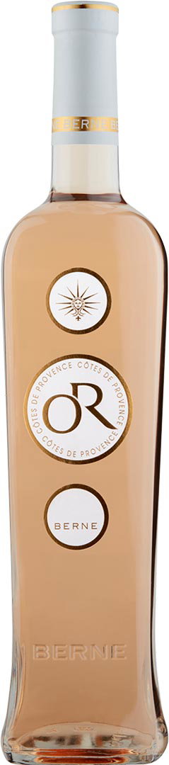 Tall, elegant bottle of ros&eacute; wine with a light pink hue. Three round labels and a white cap add a sophisticated, minimalist touch.