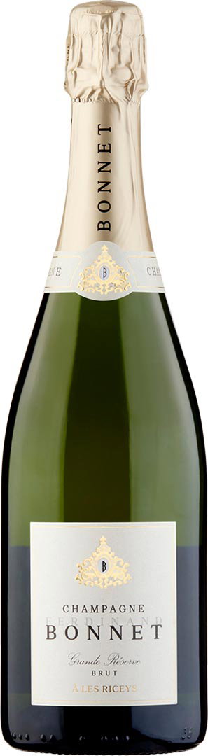 A champagne bottle labeled 'Bonnet' with a gold foil-wrapped top, elegant cream label, ornate emblem, and green glass reflecting sophistication.