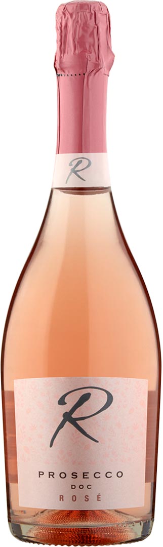 Bottle of Prosecco Ros&eacute; with a pink foil top, curved clear glass, and a label featuring a stylised 'R.' Elegant and celebratory tone.
