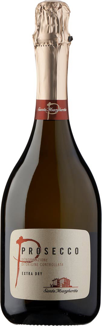 Bottle of Santa Margherita Prosecco Extra Dry with a foil-wrapped neck, red and white label, featuring elegant script and reflective surface.