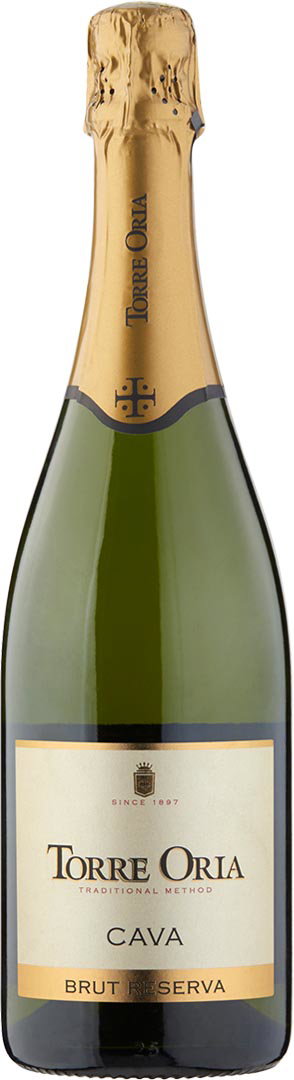 A bottle of Torre Oria Cava Brut Reserva with a gold foil top and an elegant cream label. The bottle reflects sophistication and celebration.