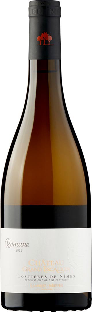 A tall wine bottle with a dark brown neck and a pale label occupies a white background. The design is minimalistic, conveying elegance and sophistication.
