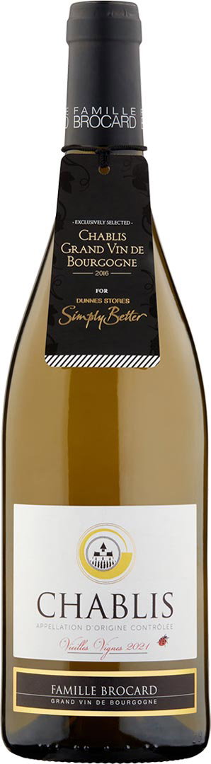 A bottle of Chablis wine with a beige label and black accents. The label reads Chablis, with additional details. The tone is elegant and classic.