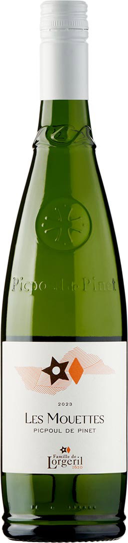A green wine bottle labeled 'Les Mouettes Picpoul de Pinet' with a modern white and orange design, conveying elegance and simplicity.