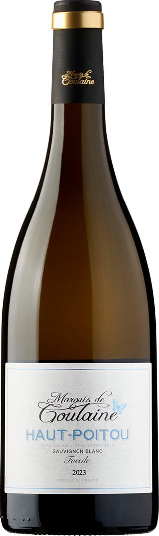 A glass bottle of Marquis de Tuilane Haut-Poitou Sauvignon Blanc wine with a black and gold cap, featuring a light, elegant label on a white background.