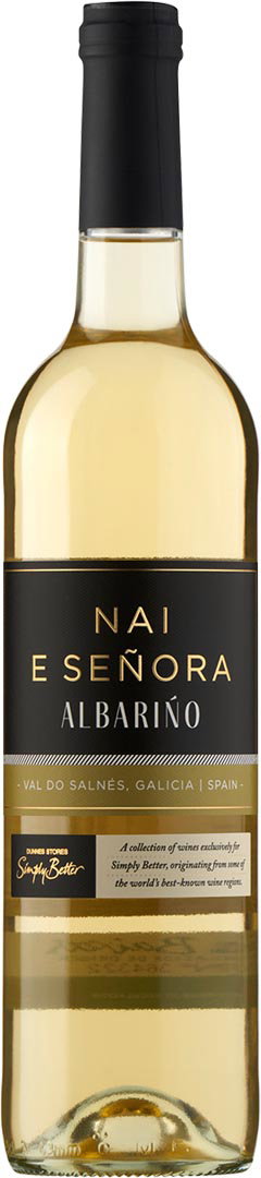 A bottle of Nai e Se&ntilde;ora Albari&ntilde;o wine with a black and gold label. The clear bottle reveals a pale yellow wine.