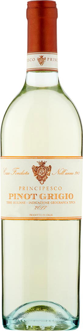 A bottle of Pinot Grigio wine with a light yellow hue, featuring a red cap and a detailed beige label with orange accents and decorative emblem.