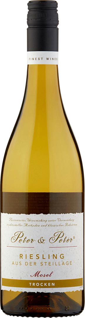 A bottle of Peter & Peter Riesling wine stands upright. The label is elegant, featuring gold and white text. The tone suggests sophistication and quality.