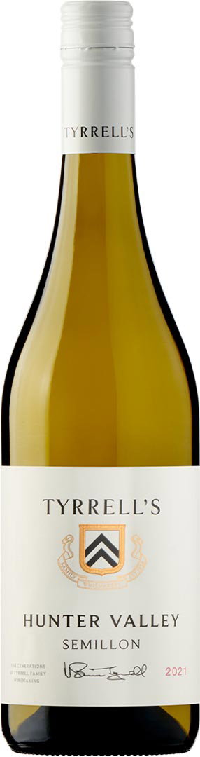 A bottle of Tyrrell's Hunter Valley Semillon wine with a white label, featuring a crest and text. The background is plain white, conveying elegance.