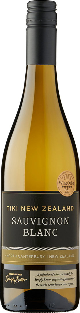 A bottle of Tiki New Zealand Sauvignon Blanc wine with a black label and gold accents, capped with a black screw top. The tone is elegant and refined.