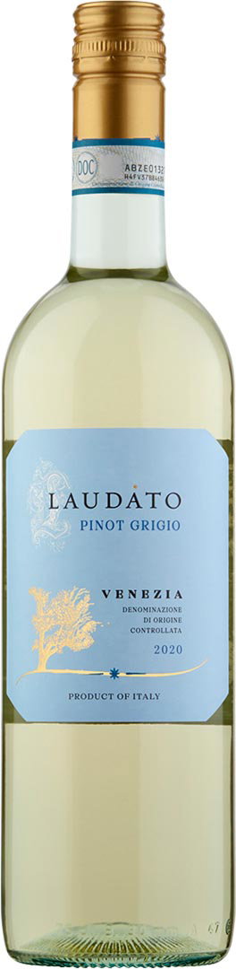 A bottle of Laudato Pinot Grigio wine with a golden screw cap. The light blue label features gold accents and text, conveying elegance and quality.