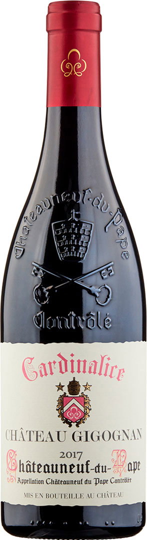 Bottle of Ch&acirc;teau Gigognan Cardinalice 2017 Ch&acirc;teauneuf-du-Pape red wine with a red foil neck and embossed glass design