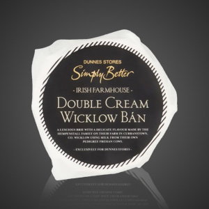 Dunnes Stores Simply Better Irish Farmhouse Double Cream Wicklow B&aacute;n cheese label with dark circular design and white textured edge