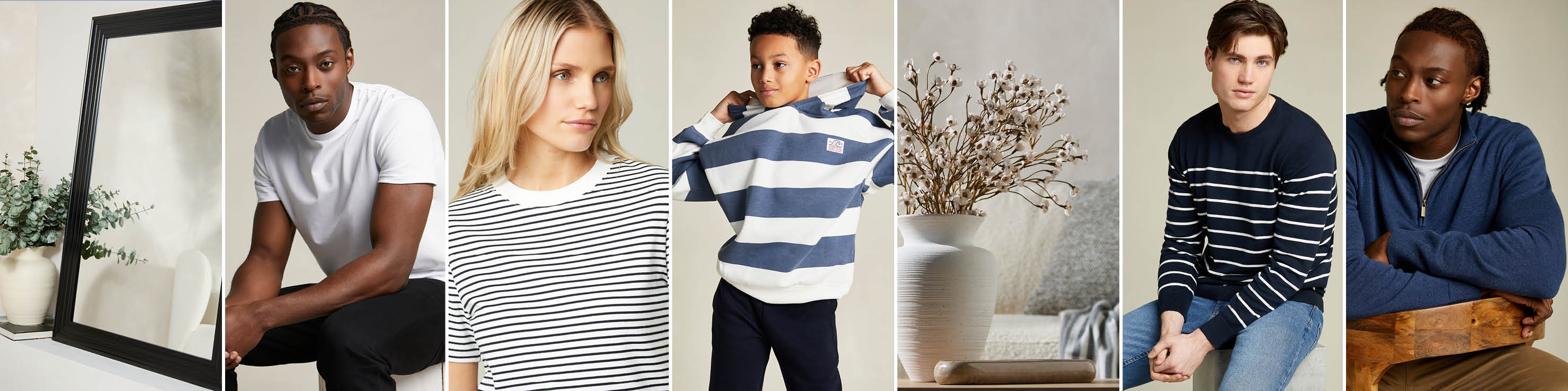 A collage of four lifestyle product photos: On the left, a blonde woman wearing a black and white striped long-sleeve shirt. Next to her, a young boy in a blue and white striped sweater with his arms crossed. In the center, a white ceramic vase with dried cotton stems sitting on a light-coloured surface. On the right, a man wearing a navy blue zip-up jacket, sitting casually with his arms crossed. Shop Dunnes Stores Fashion & Home