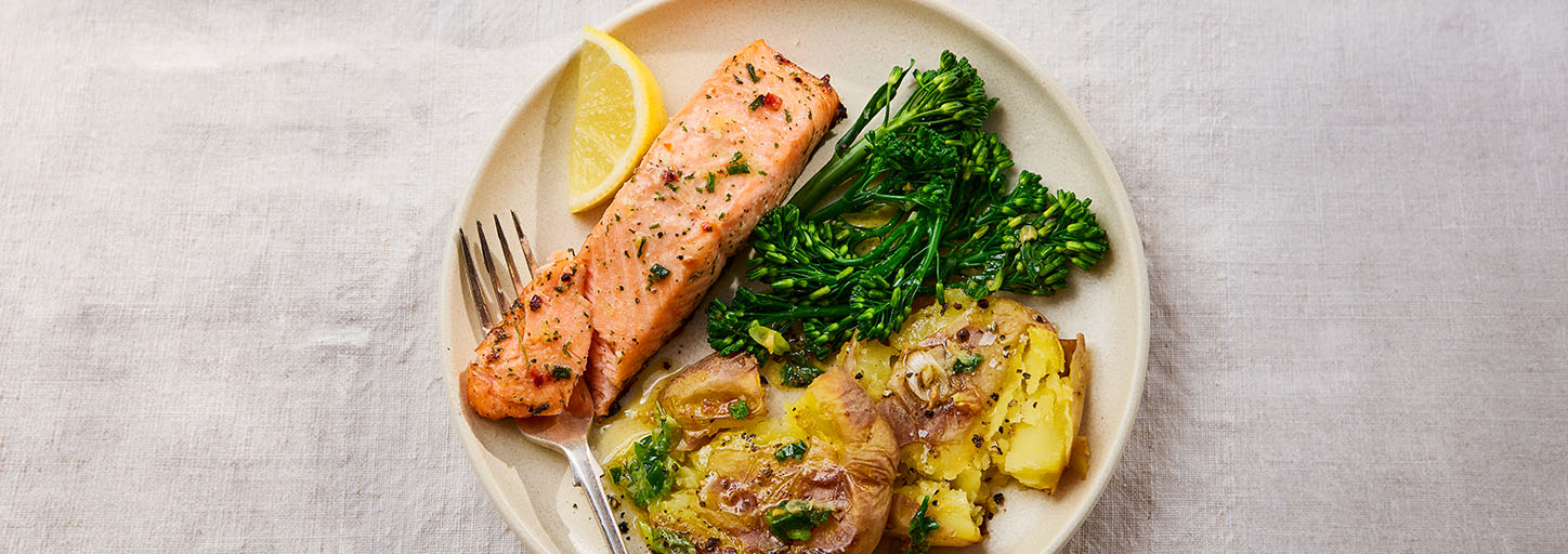 Garlic & Herb Salmon Darnes with Crushed Baby Potatoes & Tenderstem Broccoli
