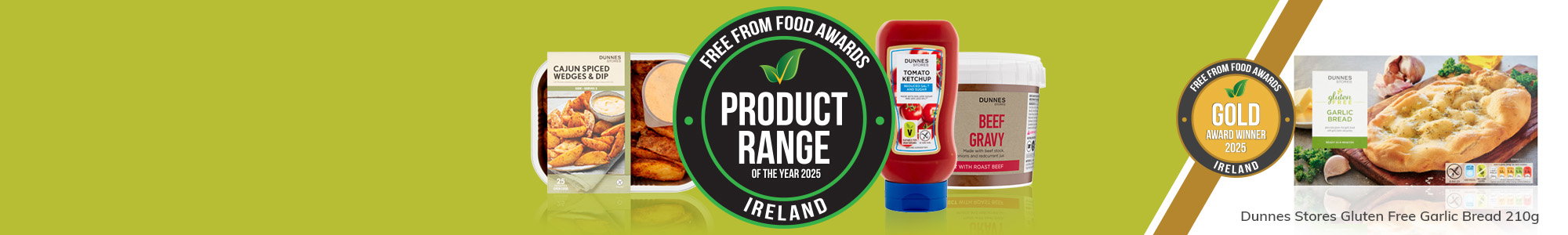 Image promoting Dunnes Stores' Free From Food Awards, featuring various products and a gold award for Dunnes Stores Gluten Free Garlic Bread.