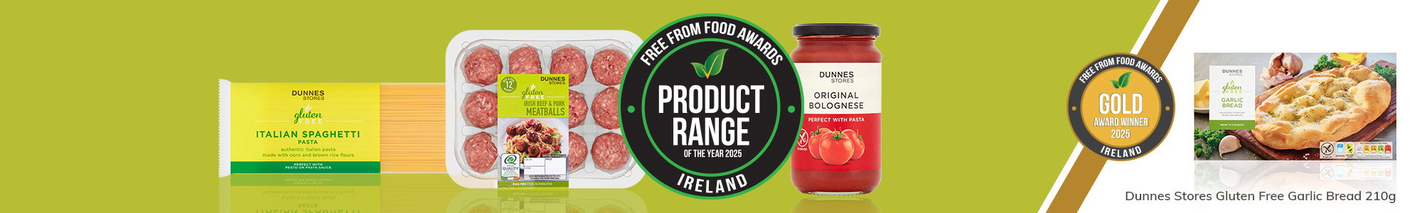 Image promoting Dunnes Stores' Free From Food Awards, featuring various products and a gold award for Dunnes Stores Gluten Free Garlic Bread.