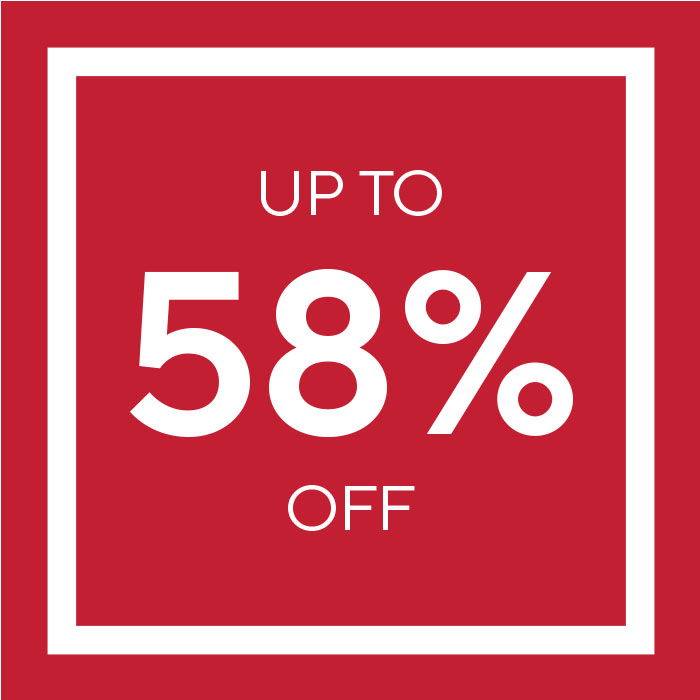 Up to 58% off non-food household products white text on red background with white border