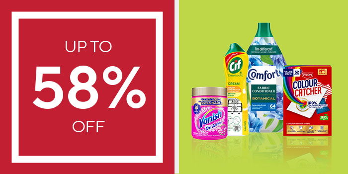 Up to 58% off selected non-food household products including Vanish Oxi Action, Cif Cleanboost, Comfort Botanical Fabric Conditioner and Dylon Colour Catchers