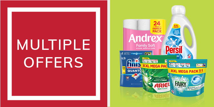 A vibrant graphic promoting multiple offers on household products, featuring brands like Andrex, Persil, Finish, Ariel, and Fairy.