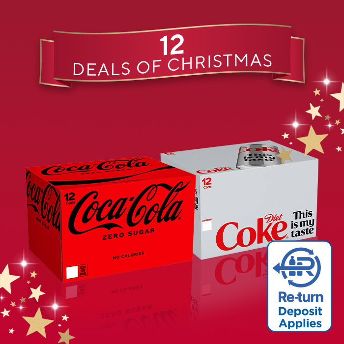 12 Deals of Christmas promotional graphic featuring Coca-Cola Zero Sugar and Diet Coke 12-can multipacks on a red festive background with gold stars. Deposit return scheme applies.