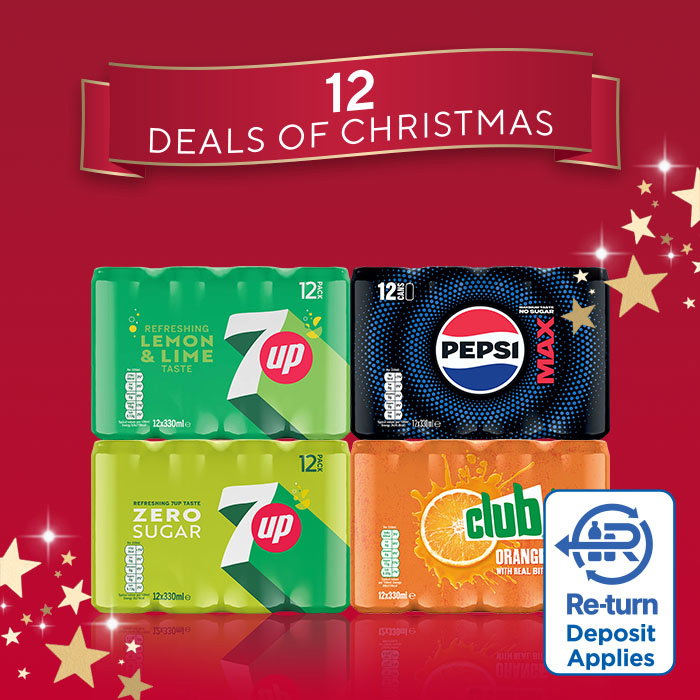 12 Deals of Christmas promotion featuring multipacks of 7UP Lemon & Lime, 7UP Zero Sugar, Pepsi Max and Club Orange soft drinks on a red festive background with gold stars and a Return Deposit Applies logo.