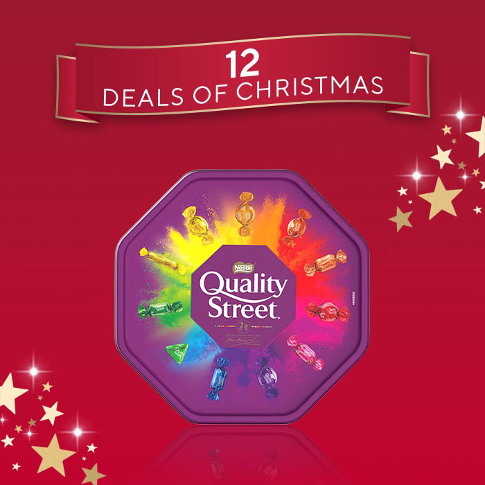 12 Deals of Christmas promotional graphic featuring a tin of Quality Street chocolates on a red festive background with gold stars and ribbon banner.